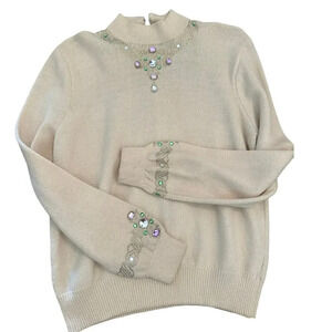 Vintage St. John Cream Beaded Sequin Embroidery knit Sweater Size Small